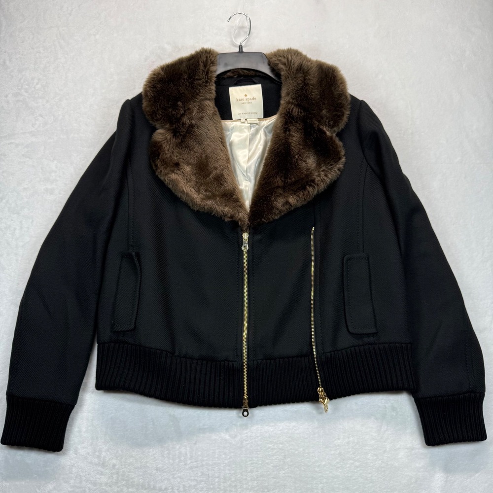 Kate Spade Trine Faux Fur Collar Wool Moto Jacket Gold‎ Hardware Black Size 14